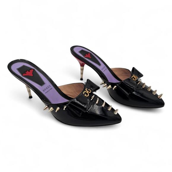Gucci GG Bow Sadie Mid Heel Mule Spike Black Patent Leather Size 38 US 8 - Picture 3 of 13